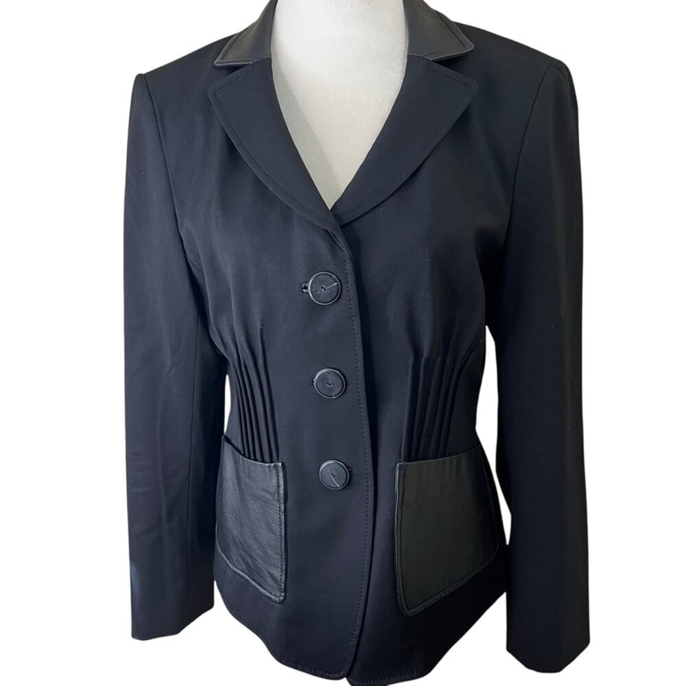 Worth New York | Black Wool & Black Leather Trim Lined Blazer | Women's Size 10